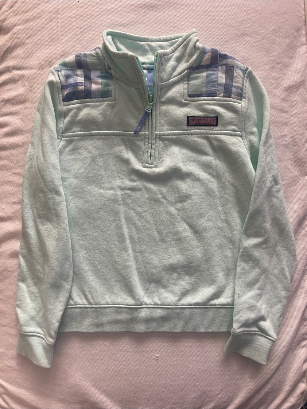 Vineyard Vines Size 7-8 Mint Quarter-Zip Pullover with Plaid Shoulders
